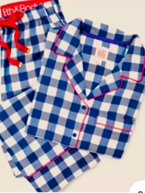 Bath & Body Works Blue & White Gingham Kids Pajama Set with Red Trim- NWT